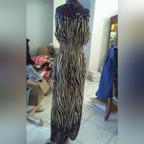 VINTAGE MAXI DRESS CINCH WAIST ANIMAL PRINT (TAN BLUE BLACK) PTP 19 TONS STRETCH - Picture 8 of 10